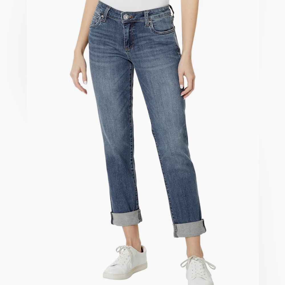Kut from the Kloth Mid Rise Boyfriend Jeans | Size 4 | Med Blue Wash | Raw Hem